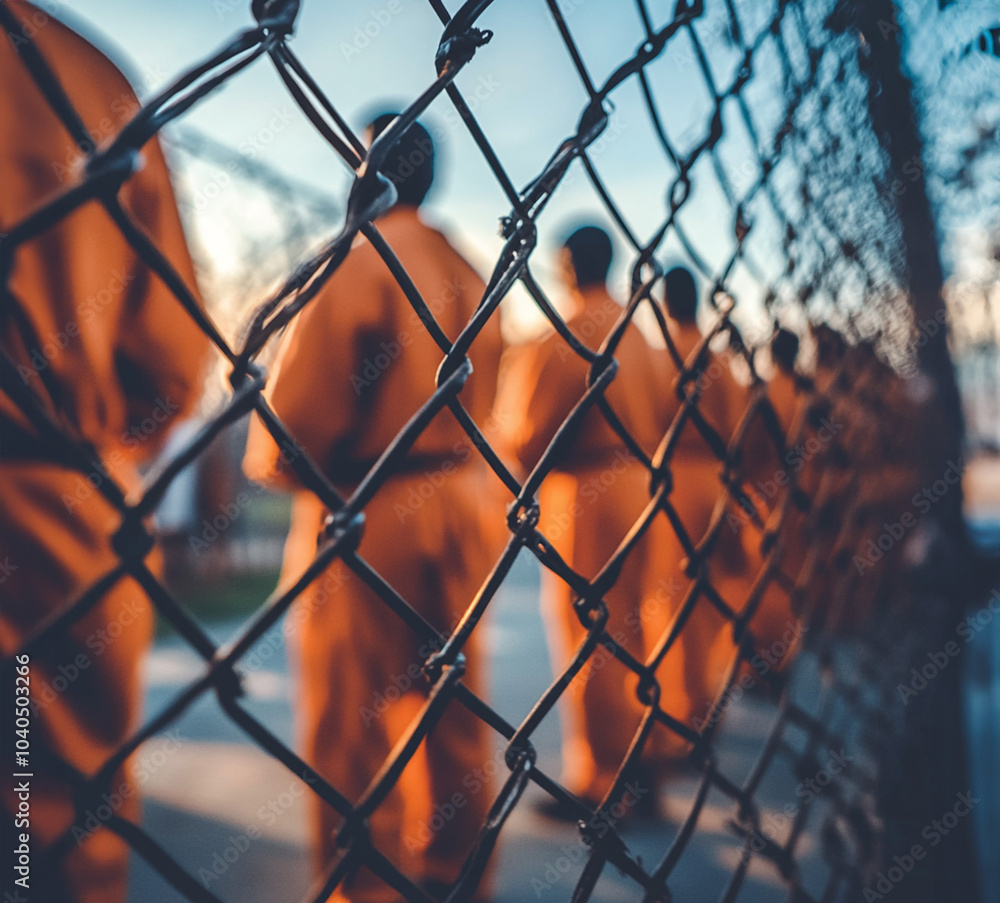 Prisoners in orange jump suits behind a chain link fence. Selective focus Prisoners in orange jump suits behind a chain link fence. Selective focus