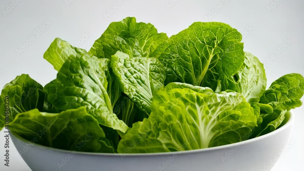 A bowl of freshly washed romaine lettuce sits on a white background A bowl of freshly washed romaine lettuce sits on a white background