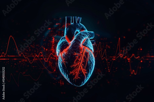 3D illustration of a human heart with a red and blue cardiac pulse line on a black background