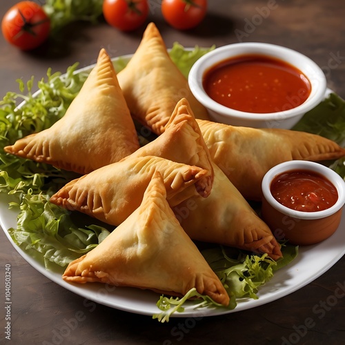 Samosas assortment with Tomato Sauce with some salad served