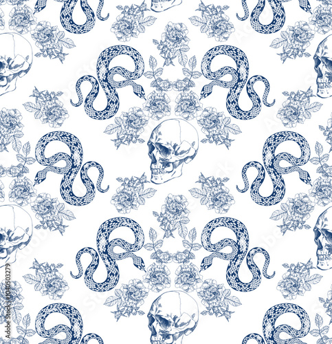 Seamless pattern with skulls, snakes and rose flowers, blue on a white background