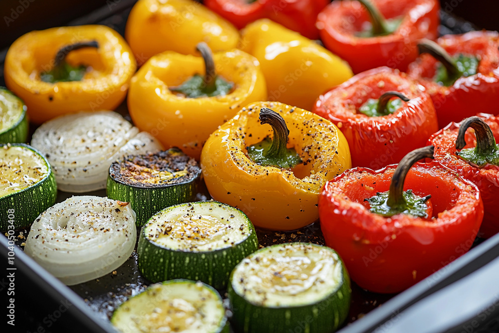 Colorful bell peppers and zucchini roasting on a baking tray Colorful bell peppers and zucchini roasting on a baking tray