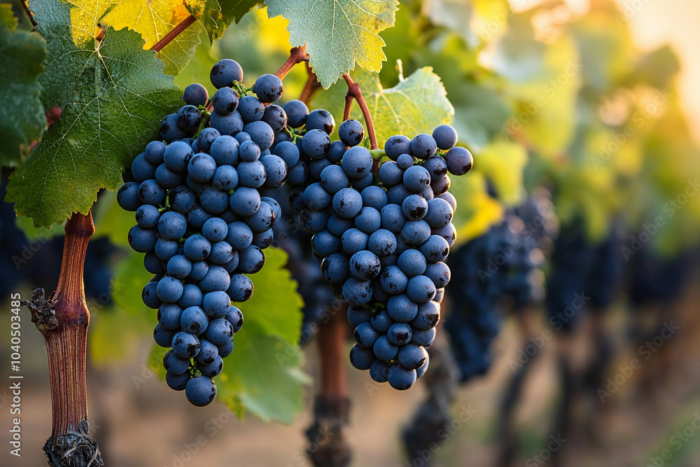 Fototapeta premium Grapes growing in a vineyard during early morning light