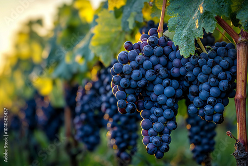 Bunches of ripe grapes hanging in a vineyard during golden hour