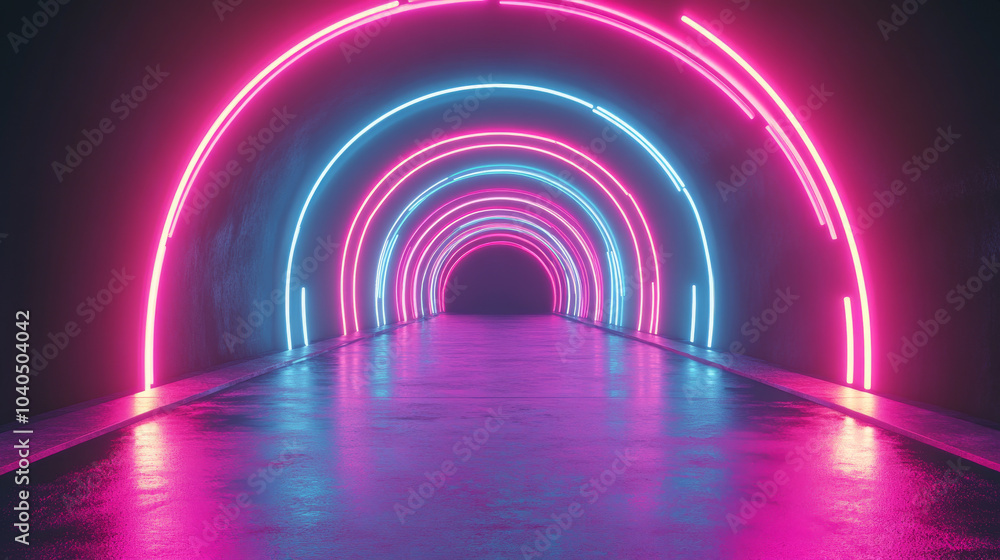 Create a vibrant 3D abstract background featuring a neon-lit tunnel. Create a vibrant 3D abstract background featuring a neon-lit tunnel.