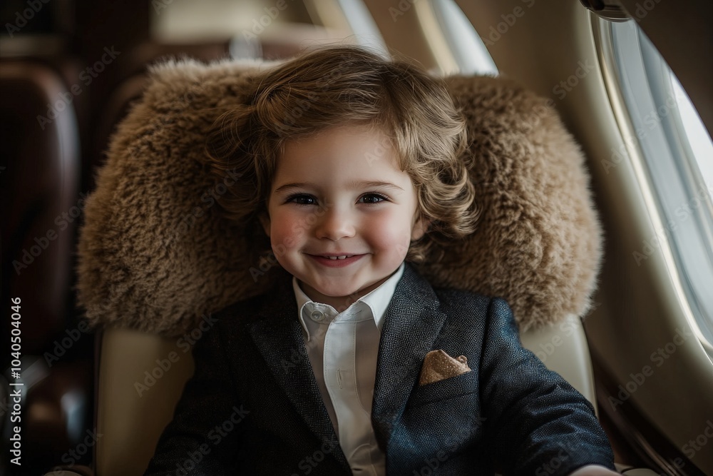 A young child wearing a sophisticated suit sits happily in an airplane seat, enveloped by plush comfort and luxury, epitomizing joy and a high-end travel lifestyle.