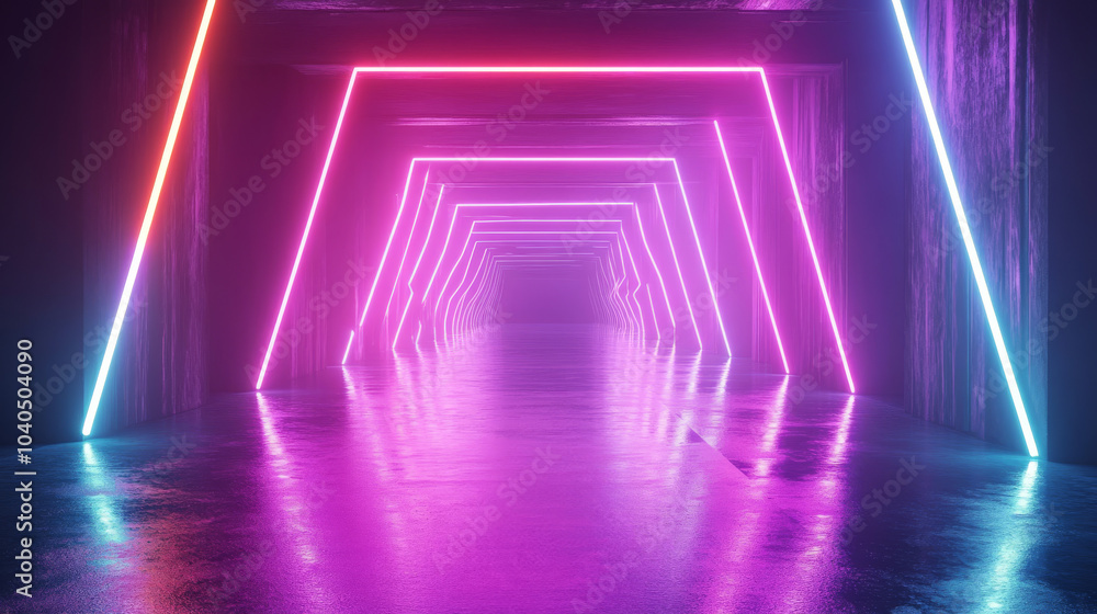 Fototapeta premium Create a vibrant 3D abstract background featuring a neon-lit tunnel.