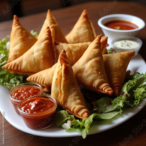 Samosas assortment with Tomato Sauce with some salad served