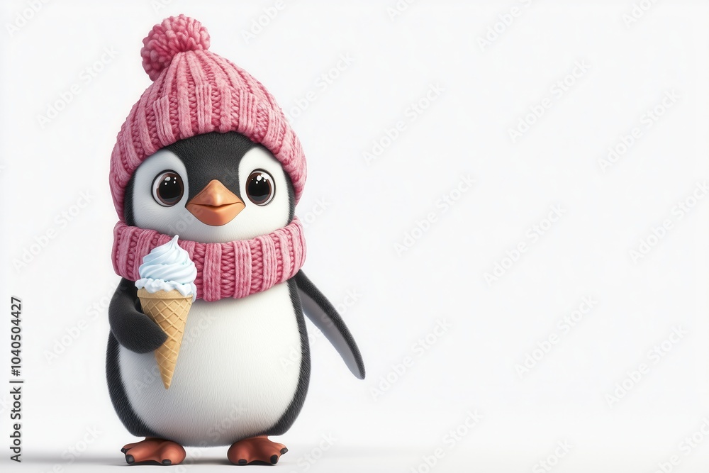 Fototapeta premium cartoon little penguin in a bright knitted hat and scarf holding an ice cream cone on a white background