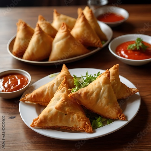 Samosas assortment with Tomato Sauce with some salad served