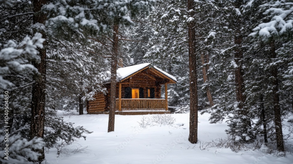 A cozy winter cabin nestled among snow-covered pine trees with a warm fireplace inside, symbolizing coziness and winter retreat in a snowy forest, Winter cabin scene A cozy winter cabin nestled among snow-covered pine trees with a warm fireplace inside, symbolizing coziness and winter retreat in a snowy forest, Winter cabin scene