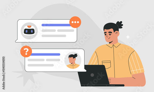 AI chat bot and user communication concept, man asking Artificial Intelligent robot for business advice, customer chatting with human assistant online. Flat vector illustration on isolated background