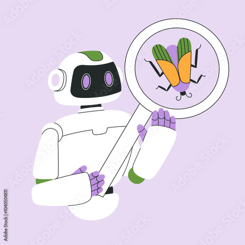 AI chat bot character fix bugs with magnifying glass, Artificial Intelligence cyborg helps with code, online data analyse for development. Flat vector modern illustration isolated on purple background