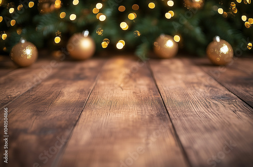 Sfondo con assi di legno, palline dorate dell'albero di Natale, luci e rami dell'albero di Natale. Spazio per immagini o messaggi. photo