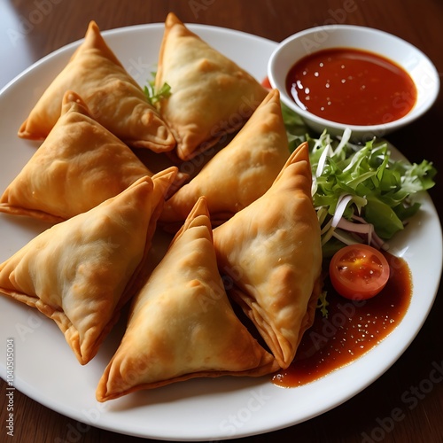 Samosas assortment with Tomato Sauce with some salad served