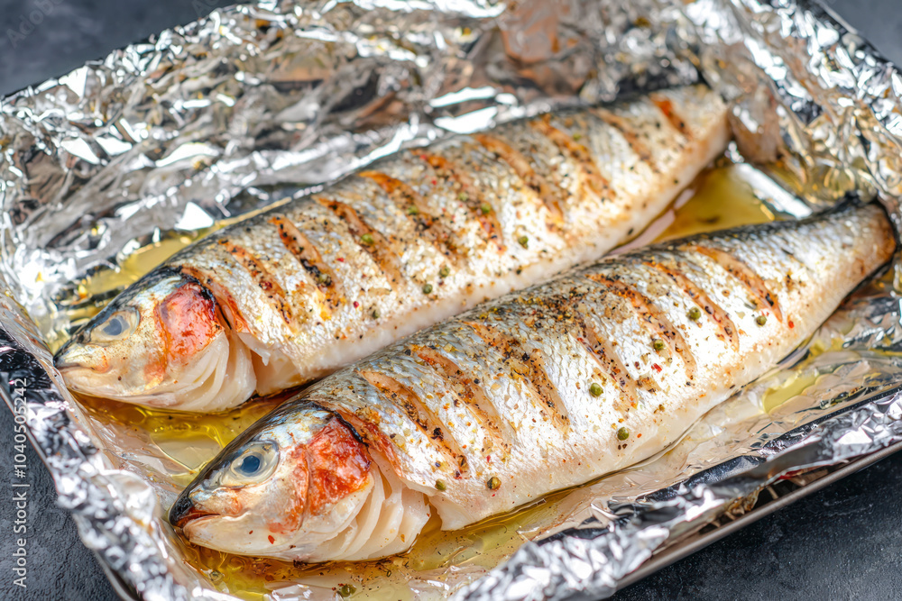 Raw mackerel with spices in baking foil, top view. Raw mackerel with spices in baking foil, top view.