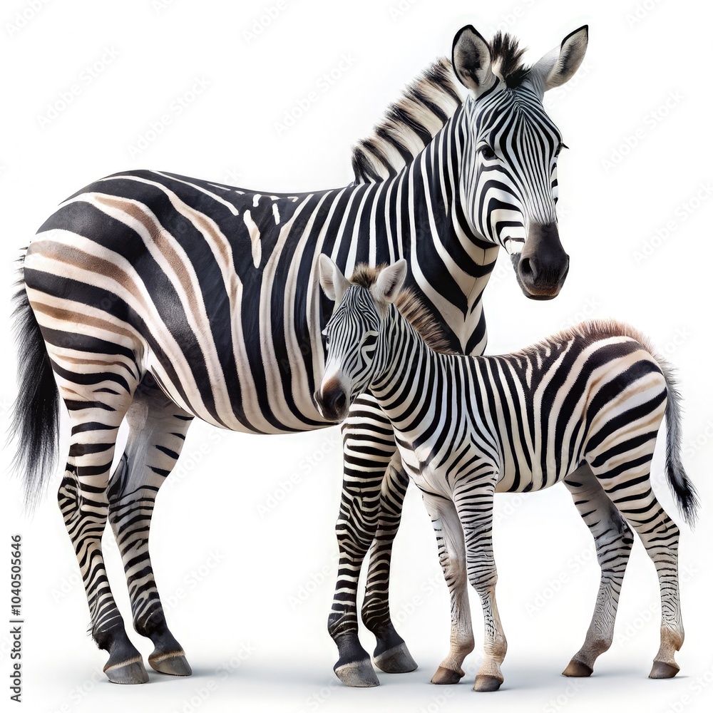 A mother zebra stands protectively next to her baby on a white background. Generative AI A mother zebra stands protectively next to her baby on a white background. Generative AI