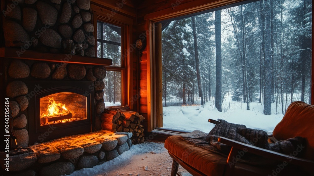 A cozy winter cabin with a fireplace and snow outside, representing the warmth and comfort of a winter retreat, Winter scene A cozy winter cabin with a fireplace and snow outside, representing the warmth and comfort of a winter retreat, Winter scene