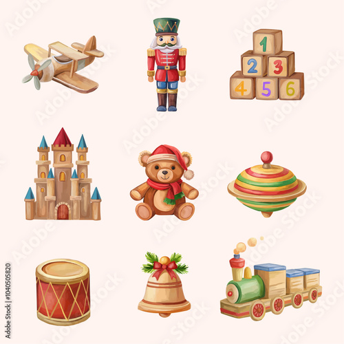 Christmas toys collection Woodk kid's toy Cubes bear train castle plane soldier bell spinning