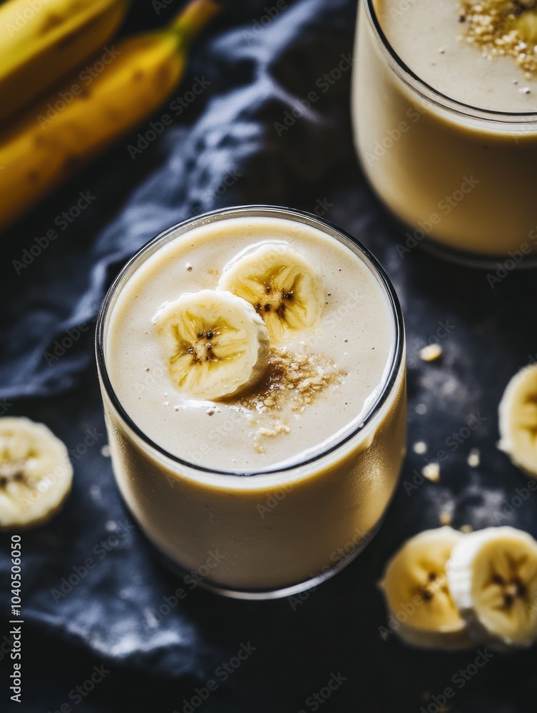 Close-Up of Banana Smoothie Topped with Fresh Banana Slices and Crushed Nuts on a Dark Background Close-Up of Banana Smoothie Topped with Fresh Banana Slices and Crushed Nuts on a Dark Background