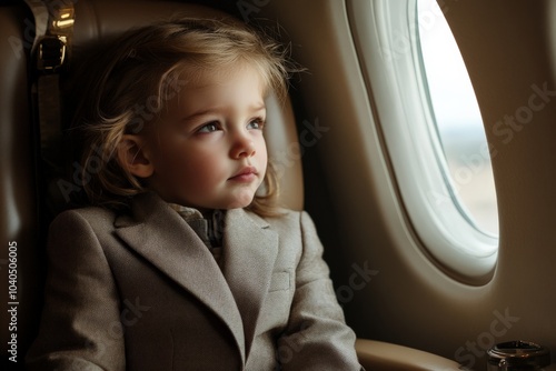 A young child in a tailored coat sits buckled in an airplane seat, gazing intently out the window, embodying the awe and anticipation of travel and discovery.