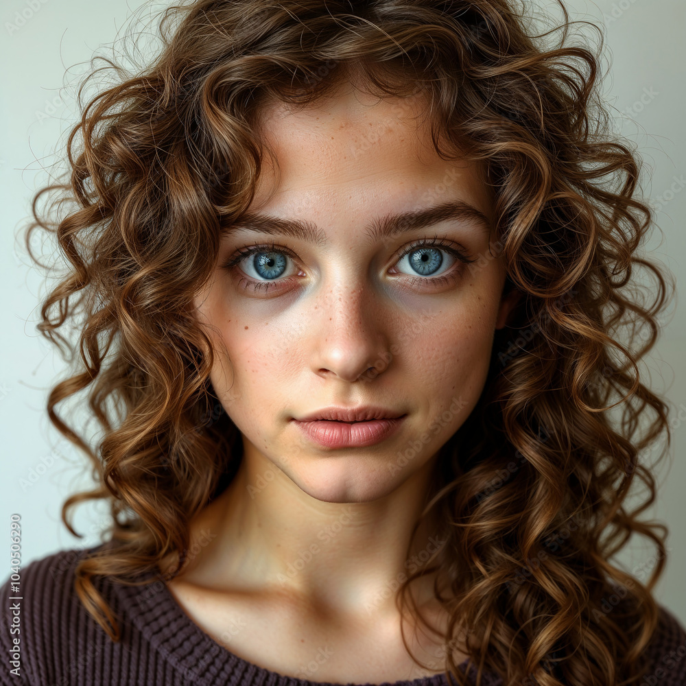 young beautiful brunette girl portrait with curly hail and blue eyes young beautiful brunette girl portrait with curly hail and blue eyes