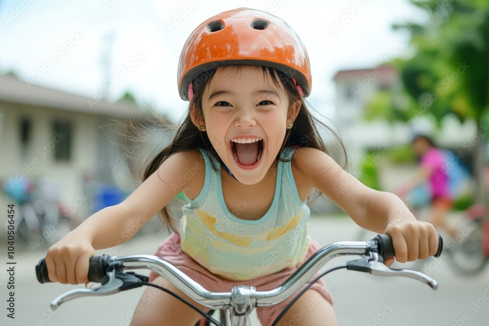 Naklejka premium Joyful Girl Riding Bicycle with Helmet