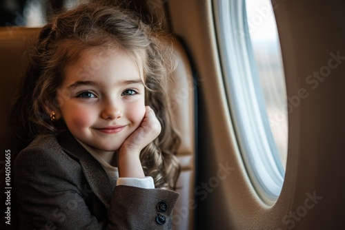 A girl in classic attire smiles at the camera while sitting on an airplane seat, embodying youthful excitement, exploration, and a classic style in air travel. photo