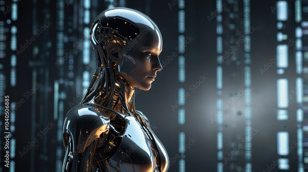 A metallic female android with a futuristic design stands in front of a background of glowing blue lines.