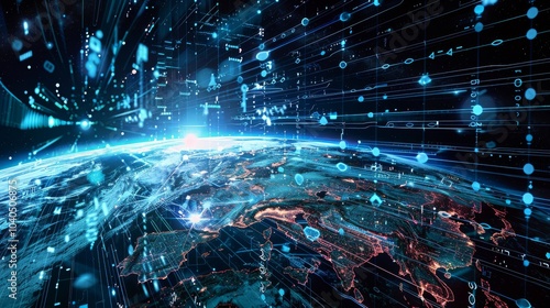 Earth with a network of digital lines showing global telecommunication and cryptocurrency