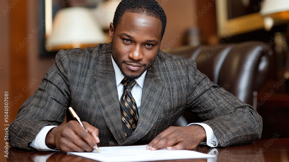 A man in a suit is focused on signing important documents at a wooden desk in a modern office. The atmosphere is formal and professional, indicating a significant business transaction A man in a suit is focused on signing important documents at a wooden desk in a modern office. The atmosphere is formal and professional, indicating a significant business transaction