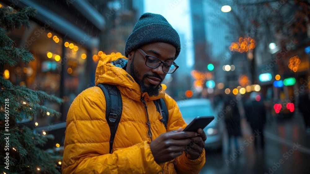 Man checking his phone while waiting for the bus, illustrating the daily routine of commuting and staying connected Man checking his phone while waiting for the bus, illustrating the daily routine of commuting and staying connected