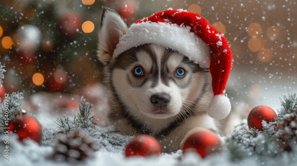 Siberian Husky puppy with blue eyes wearing a Santa hat in a festive winter setting Siberian Husky puppy with blue eyes wearing a Santa hat in a festive winter setting