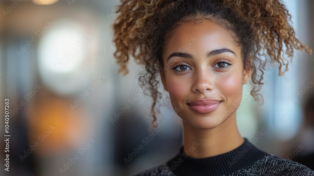 A young woman with curly hair stands in a bright and modern space, exuding warmth with her smile. The background hints at a vibrant urban atmosphere during the day A young woman with curly hair stands in a bright and modern space, exuding warmth with her smile. The background hints at a vibrant urban atmosphere during the day
