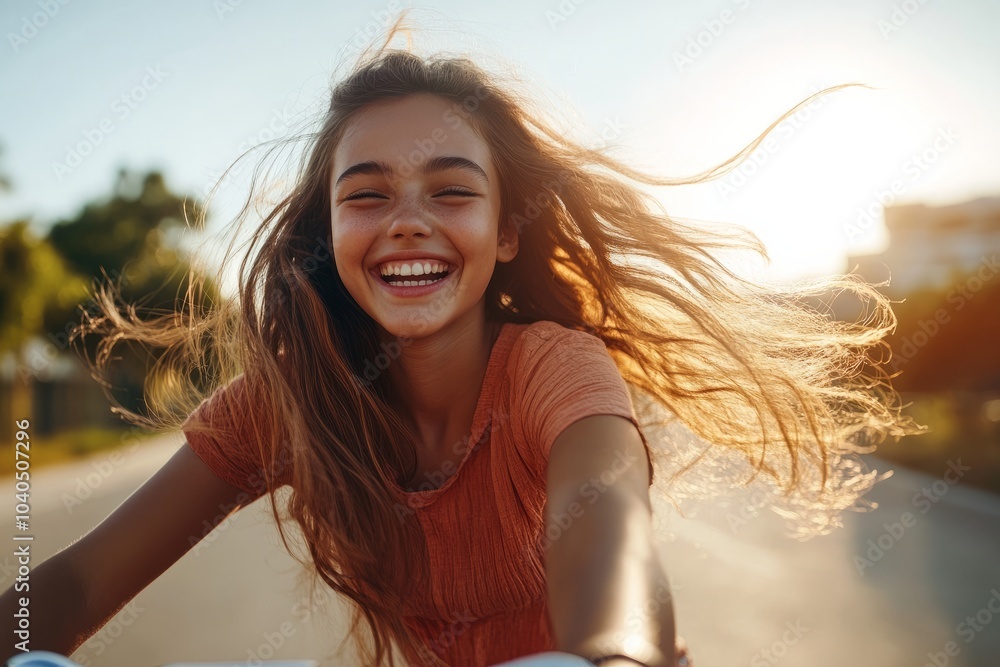 Joyful Girl Riding Bicycle in Sunlight
