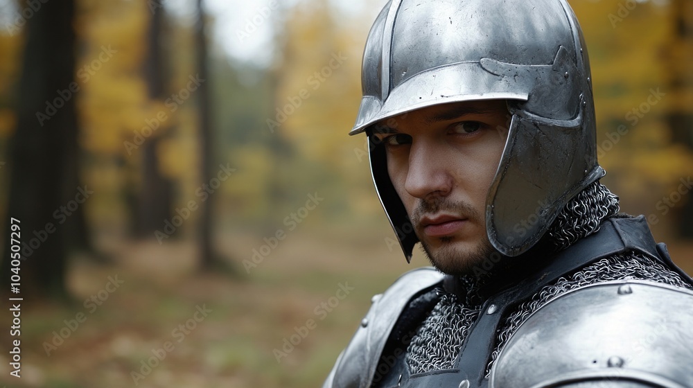 A determined knight wears a reflective helmet and chainmail, gazing intently into the distance surrounded by golden autumn foliage in a serene forest A determined knight wears a reflective helmet and chainmail, gazing intently into the distance surrounded by golden autumn foliage in a serene forest