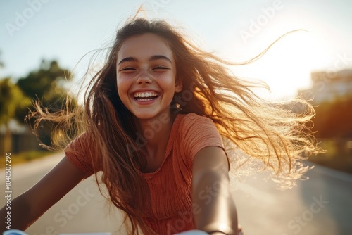 Joyful Girl Riding Bicycle in Sunlight
