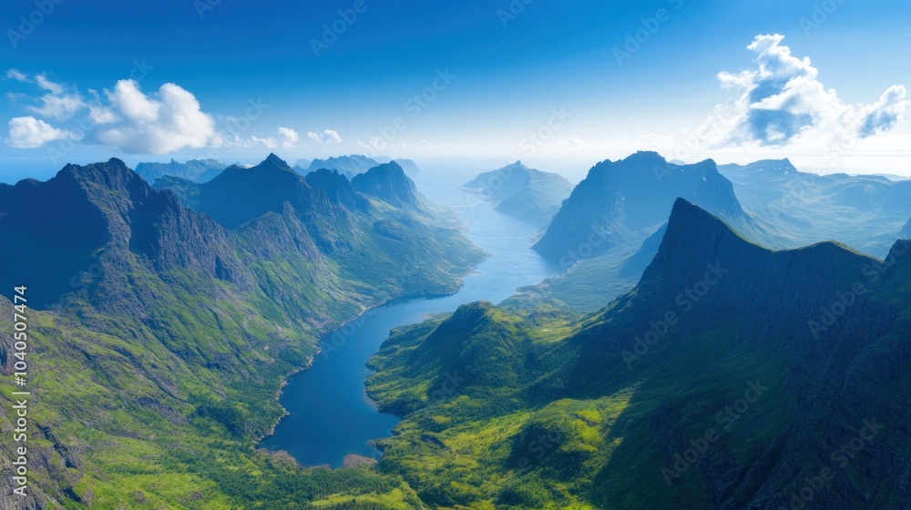 Mountain landscape with a river flowing through a valley, grandeur and beauty of the natural world Mountain landscape with a river flowing through a valley, grandeur and beauty of the natural world