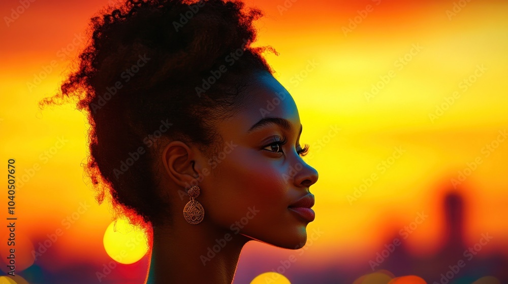 As the sun sets, a young woman with natural curls stands silhouetted against a colorful sky, lost in thought while enjoying the breathtaking view of a city skyline bathed in warm tones As the sun sets, a young woman with natural curls stands silhouetted against a colorful sky, lost in thought while enjoying the breathtaking view of a city skyline bathed in warm tones