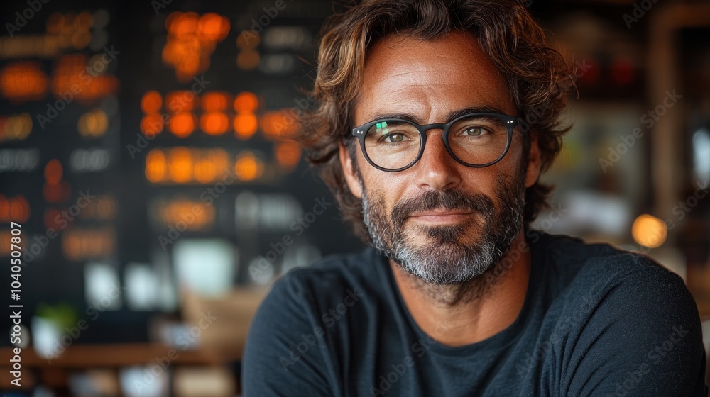The man exudes confidence and charm as he poses in a cafГ© setting, surrounded by warm lighting and a blurred background that hints at a lively atmosphere The man exudes confidence and charm as he poses in a cafГ© setting, surrounded by warm lighting and a blurred background that hints at a lively atmosphere