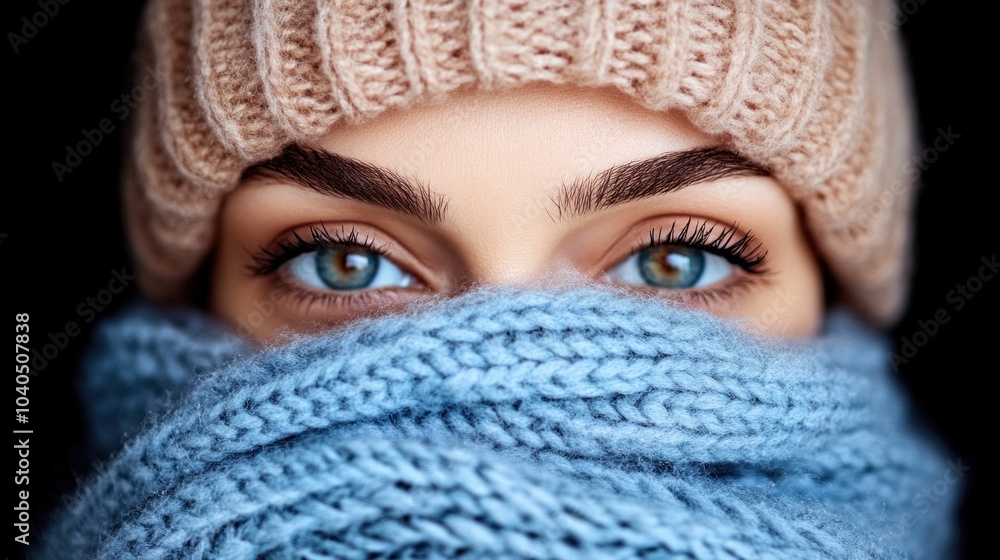 The young woman gazes intently with vibrant blue eyes, partially obscured by a soft blue scarf and a light-colored knitted beanie, conveying a sense of warmth and winter charm The young woman gazes intently with vibrant blue eyes, partially obscured by a soft blue scarf and a light-colored knitted beanie, conveying a sense of warmth and winter charm