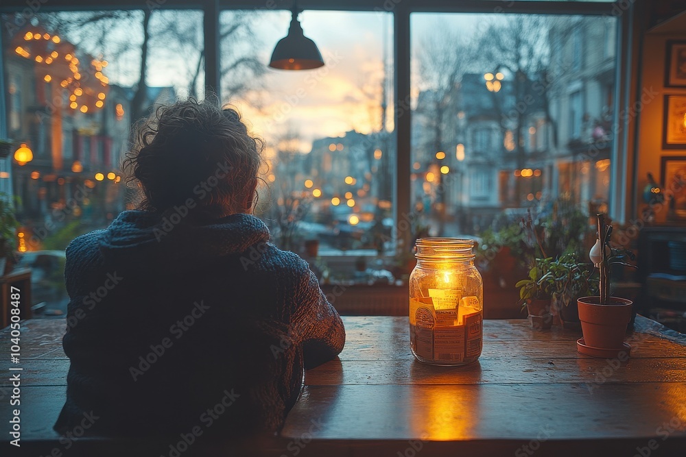 Cozy Evening Reflections in a Warmly Lit Cafe Interior Cozy Evening Reflections in a Warmly Lit Cafe Interior