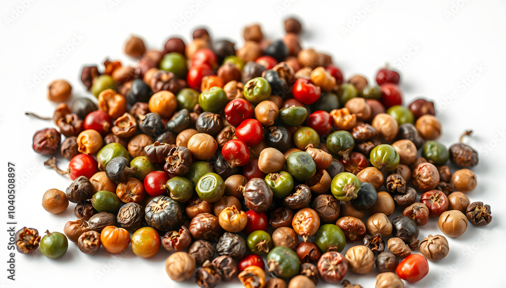 Mixture of red, green and black peppercorns on isolated background isolated with white highlights, png Mixture of red, green and black peppercorns on isolated background isolated with white highlights, png