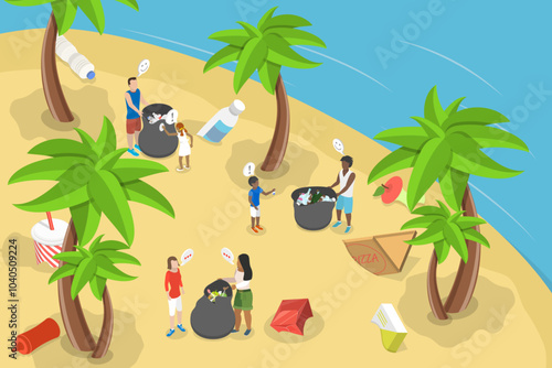 3D Isometric Flat Vector Illustration of Environmental Water Pollution, Volunteers Cleaning Sea Shore from Plastic and Other Trash