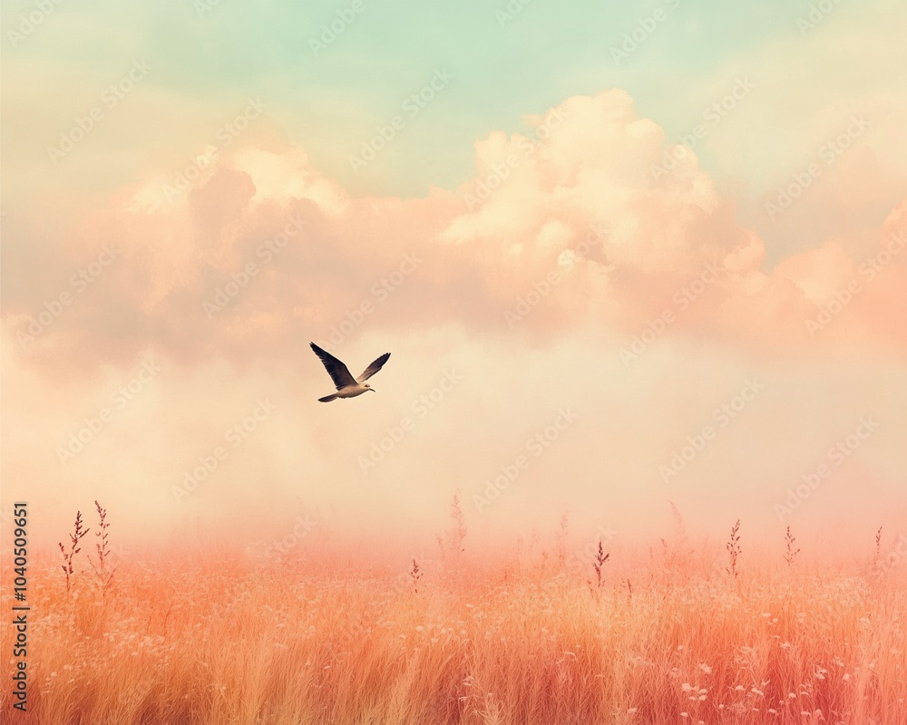 Fototapeta premium Visuals that evoke a sense of peace show a peaceful meadow, a lone bird flying through under soft pastel skies.
