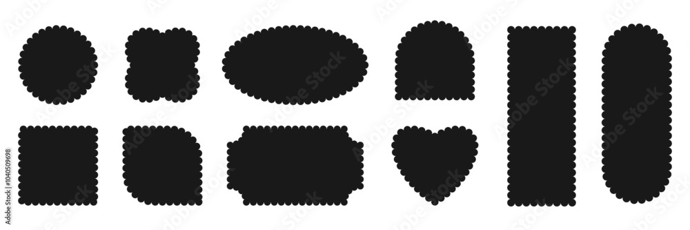 Retro scallop frames set in abstract geometric form circles, oval, square, rectangle, flower, heart shapes isolated on transparent background. Vector vintage element for ticket, lace edges border. Retro scallop frames set in abstract geometric form circles, oval, square, rectangle, flower, heart shapes isolated on transparent background. Vector vintage element for ticket, lace edges border.