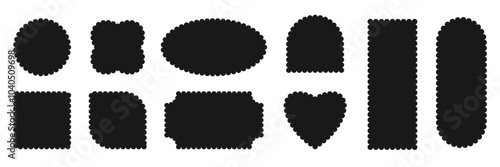 Retro scallop frames set in abstract geometric form circles, oval, square, rectangle, flower, heart shapes isolated on transparent background. Vector vintage element for ticket, lace edges border.