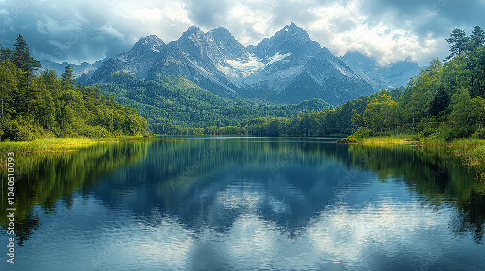 Serene lake reflects the majestic mountains and dense forests. The tranquil waters mirror the rugged peaks, while lush greenery lines its shore. A cloudy sky. Serene lake reflects the majestic mountains and dense forests. The tranquil waters mirror the rugged peaks, while lush greenery lines its shore. A cloudy sky.