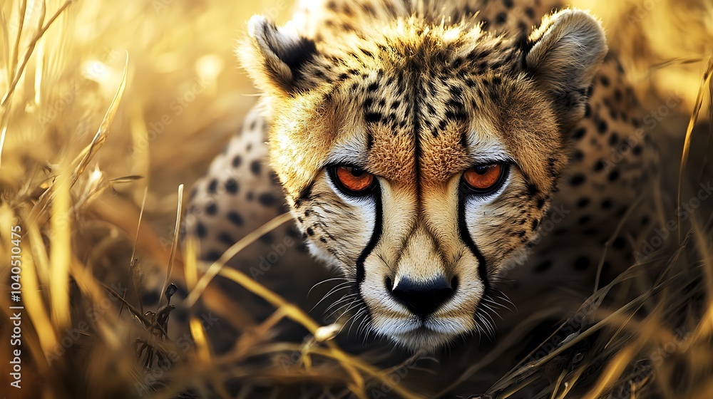 Obraz premium A close-up of a Cheetah crouched low in the tall grass, its eyes focused on its prey 