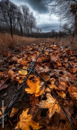 Autumn leaves and barbed wire path.